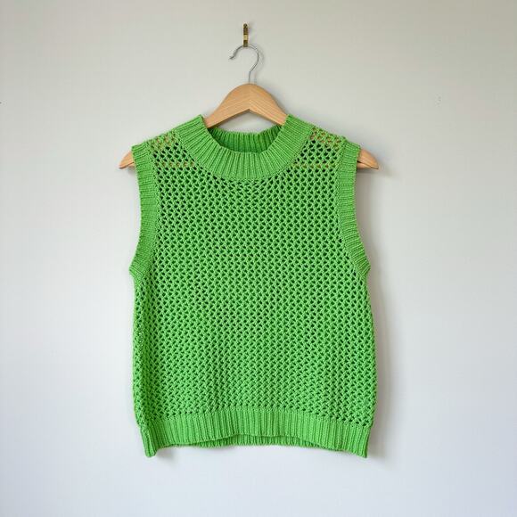 Self Contrast Dade Crop Open Knit Crew Neck Sleeveless Pullover Sweater Green XS - Picture 1 of 6